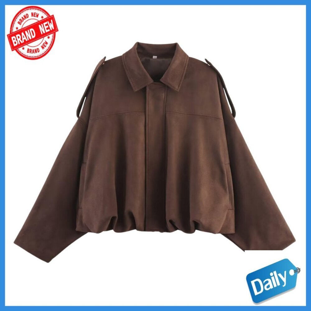 Oversized Faux Suede Bomber Jacket Relaxed Fit Long Sleeve Zip Up